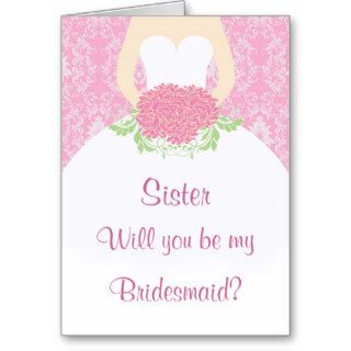Wedding dress, flowers, pink damask Bridesmaid Greeting Card