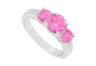10K White Gold Created Pink Sapphire Three Stone Ring 1.00 CT TGW LOVEBRIGHT Jewelry