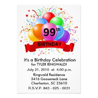 99th Birthday Banner Balloons Custom Invitations