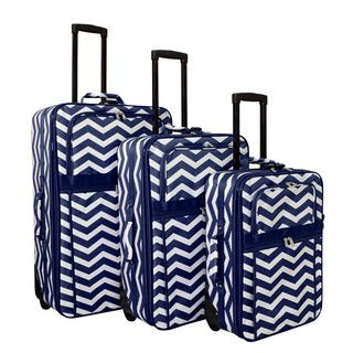 World Traveler Blue Chevron Zig zag 3 piece Expandable Upright Luggage Set