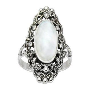 Chuvora .925 Sterling Silver 30 mm long Gorgeous Filigree Design w/ Genuine Marcasite and Natural Mother of Pearl Ring for Women   Nickle Free Jewelry