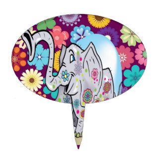 Cute Hippie Elephant with Colorful Flowers Cake Topper