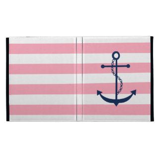 White Blue & Pink Wide Stripes Pattern Anchor iPad Case