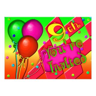 Balloons 9th Birthday Party Invitation