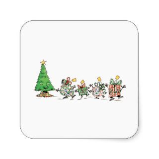 Cartoon Christmas Presents and Tree with Gold Star Square Stickers