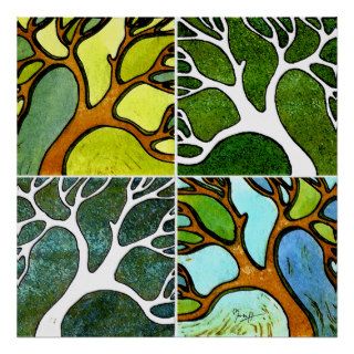 4 Hand Carved Trees in Watercolor and Pen & Ink Posters