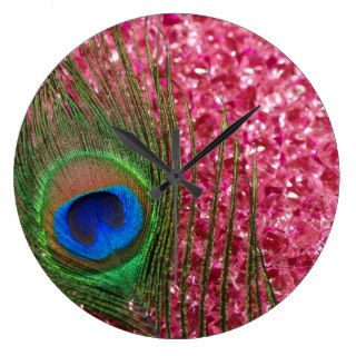 Rocky Pink Peacock Feather Round Wall Clock