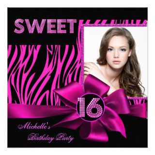 Sweet 16 Sweet Sixteen Hot Pink Zebra Photo Custom Invite