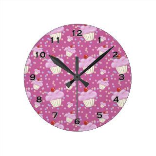 Cute Pink Cupcake Pattern Round Clocks