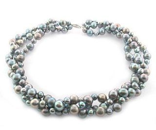 Sterling Silver 4 8mm Grey Cultured Freshwater Pearl High Luster Twisted 3 Rows Necklace 18" Length. Jewelry