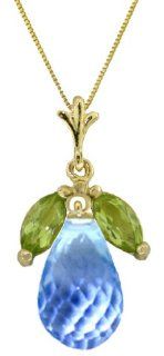 14k Solid Gold 18" Necklace with Blue Topaz Pendant and Peridot accents Jewelry