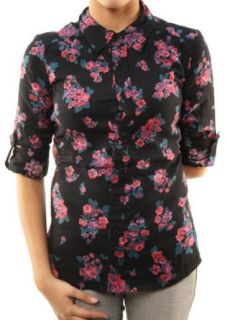 Billabong Women's Full Button Up Shirt Black with Pink Flowers J508LSON S Clothing