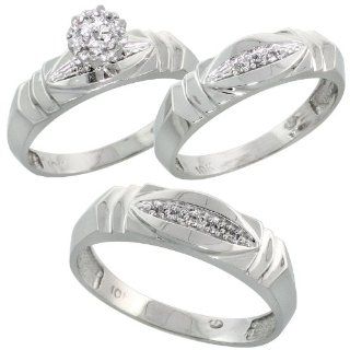 10k White Gold Trio Engagement Wedding Ring Set for Him and Her 3 piece 6 mm & 5 mm wide 0.09 cttw Brilliant Cut, ladies sizes 5   10, mens sizes 8   14 Wedding Bands Jewelry