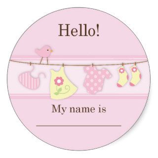 Pink Bird on a Clothesline Baby Shower Name Tag Sticker