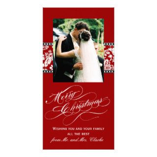 Red Damask Newly Weds First Christmas Photo Card