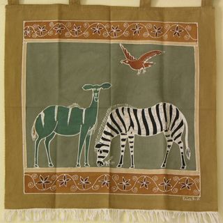 'Zebra and Kudu' hand Painted African Tapestry (Zambia) Tapestries