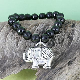 Handcrafted Faceted Black Onyx/ Antique Elephant Stretch Charm Bracelet Bracelets