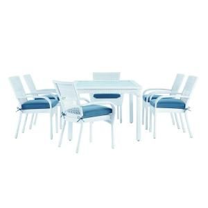 Martha Stewart Living Charlottetown White All Weather Wicker 7 Piece Patio Dining Set with Washed Blue Cushions 65 55677W