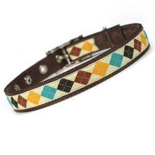 Brown and Turquoise Autumn Argyle Dog Collar, 3/4" Width Size Large (Small)  Pet Fashion Collars 