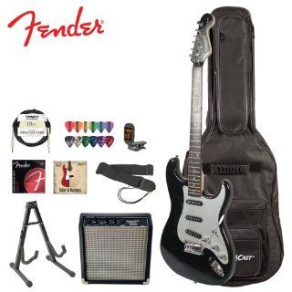 Squier by Fender Black Electric Guitar with Stand, Strap, Strings, Gig Bag, Tuner, Picks, Online Lesson Cable and Amp Musical Instruments