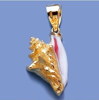 14k Gold Nautical Necklace Charm Pendant, 3d Conch Shell With Pink & White Ename Jewelry