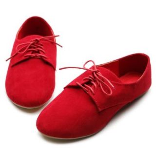 Ollio Womens Faux Suede Lace Ups Ballet Flat Heels Loafers Oxford Red Shoes Shoes