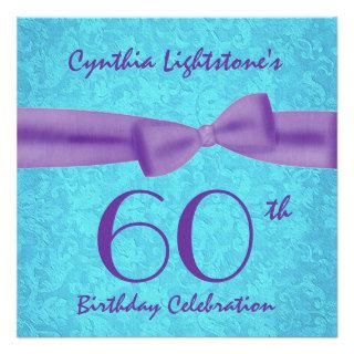 60th Birthday Party Aqua and Purple Bow M456 Personalized Announcements