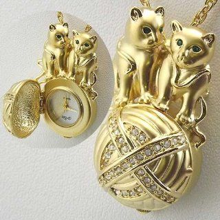 ALTO Ladies' Gold tone Crystal Cat Pendant / Broach Locket Watch with Gold tone Chain. Model J39596 Watches