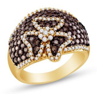 10K Yellow Gold Channel Set Round Brilliant Cut Chocolate Brown and White Diamond Ladies Womens Fashion, Wedding Ring OR Anniversary Band (1.55 cttw.) Jewelry