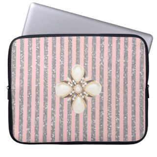 Cute Girly Flower And Gray  Stripes Laptop Sleeve