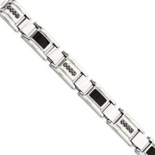 Stainless Steel Black Enamel & Black Diamonds 8.5in Bracelet Jewelry