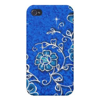 Diamond Bling Deep Ocean Blue with Flower Motif Cases For iPhone 4