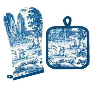 Toile Fabric French Country Decor Oven Mitt & Pot Holder Set Blue Toile Cotton  