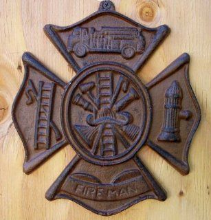 Firefighters Cast Iron Emblem Wall Plaque Rust Finish Decorative Plaques Kitchen & Dining