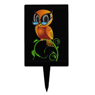 Wise owl w glasses black background rectangle cake topper