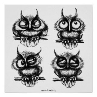 Funny owls pen ink drawing art poster