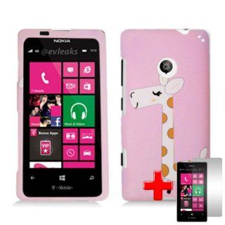 Nokia Lumia 521 (T Mobile) 2 Piece Snap On Rubberized Hard Plastic Case Cover, Spotted Giraffe Pink Cover + LCD Clear Screen Saver Protector Cell Phones & Accessories