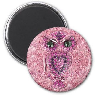 Girly Owl, glitter pink heart diamond photo print Magnets