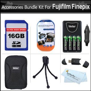 16GB Accessory Kit For Fujifilm Finepix AV200 AV230 AV250 AV280 AX300 AX330 AX350 AX380 Digital Camera Includes 16GB High Speed SD Memory Card + USB 2.0 High Speed Card Reader + 4 AA High Capacity Rechargeable NIMH Batteries And AC/DC Rapid Charger + De  