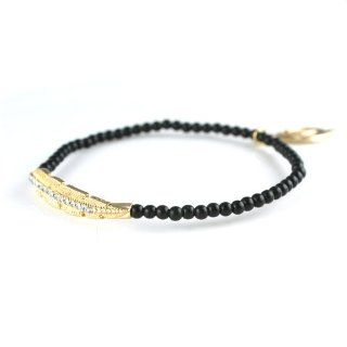 Gold Metal Feather & Black Bead Stretch Bracelet Arm Candy Jewelry