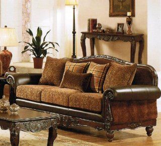 Brown Leather Mahogany Wood And Upholstry Sofa With 5 Pillows by Poundex   Sectional Sofas
