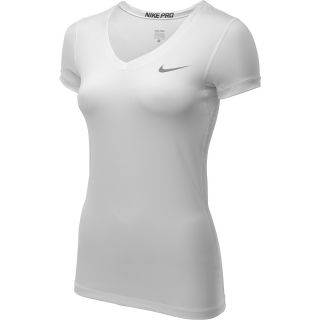 NIKE Womens Pro V Neck Short Sleeve Top   Size Medium, White/cool Grey