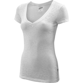 SOFFE Juniors Burnout V Neck Short Sleeve T Shirt   Size Medium, White
