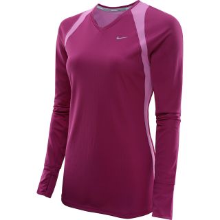 NIKE Womens Sporty Long Sleeve V Neck Running Shirt   Size Large, Magenta/red