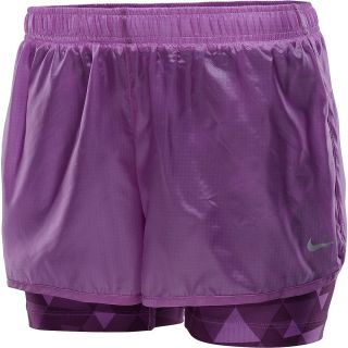 NIKE Womens Transparent 2 in 1 Running Shorts   Size Medium, Violet/silver