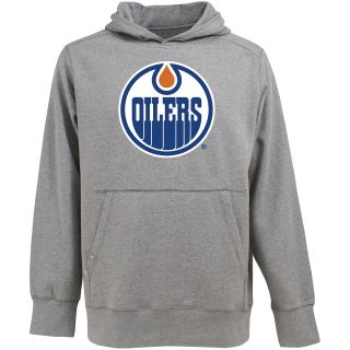 Antigua Mens Edmonton Oilers Signature Hood Applique Gray Pullover Sweatshirt  