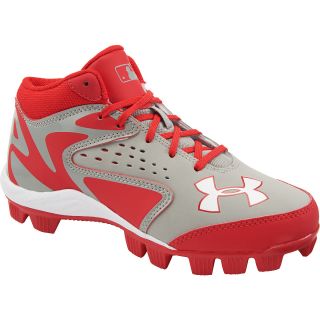 UNDER ARMOUR Boys Leadoff Mid RM Jr. Baseball Cleats   Size 5.5, Grey/red