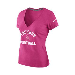 NIKE Womens Green Bay Packers Breast Cancer Awareness V Neck T Shirt   Size