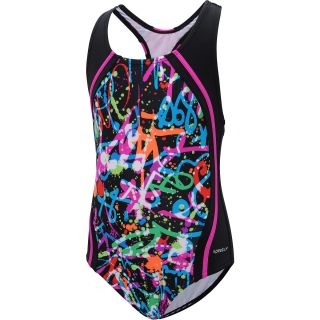 SPEEDO Girls Graffiti Graphic Sport Splice Swimsuit   Size 16, Black