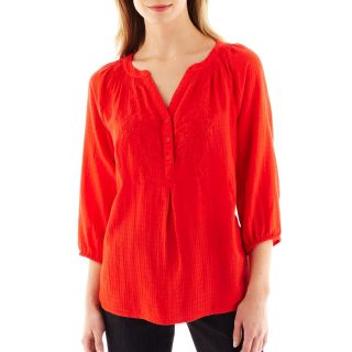 St. Johns Bay St. John s Bay 3/4 Sleeve Embroidered Peasant Top, Bold Coral